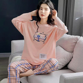 pink full sleeves printed design night suit fabric cotton jarsy